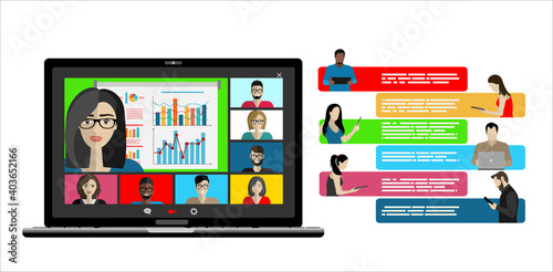 Video call conference concept. Young people making video call through virtual user interface window. Working from home. Social distancing. Remote project management. Vector isolated illustration