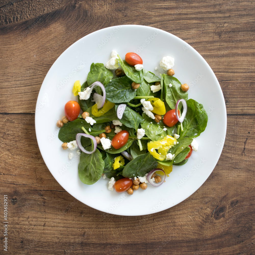 Spinach Salad with Peppers, Feta and Chickpeas