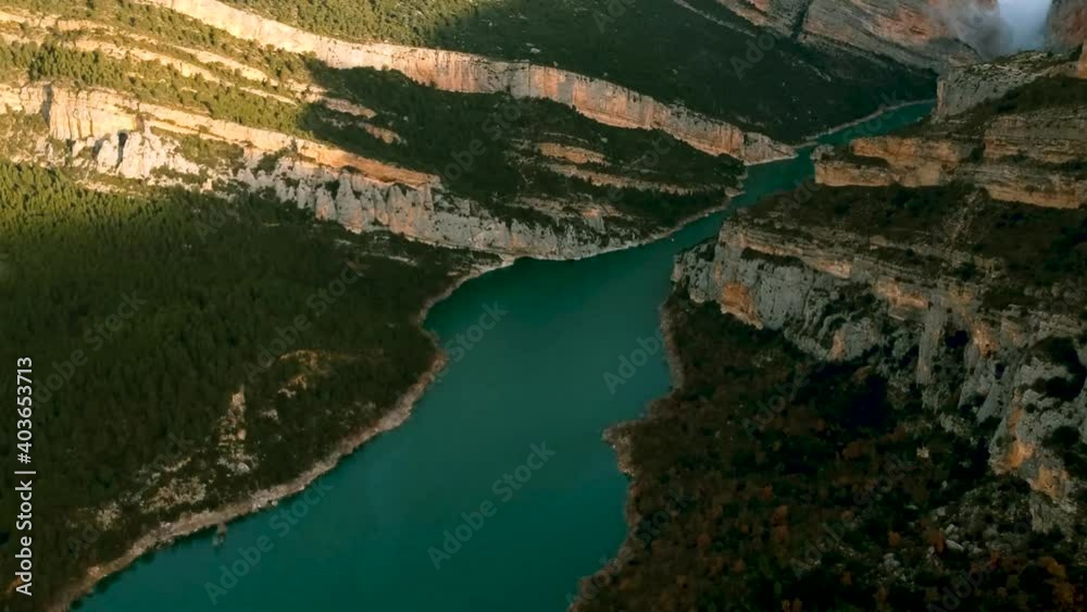 drone Mavic air 2 passing along the water reservoir at Catalonia Spain mountain drone Mavic air 2 passing along the water reservoir at Catalonia Spain mountain