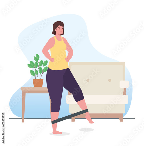 Woman doing exercise with elastic rope at home design, Sport and bodybuilding theme Vector illustration