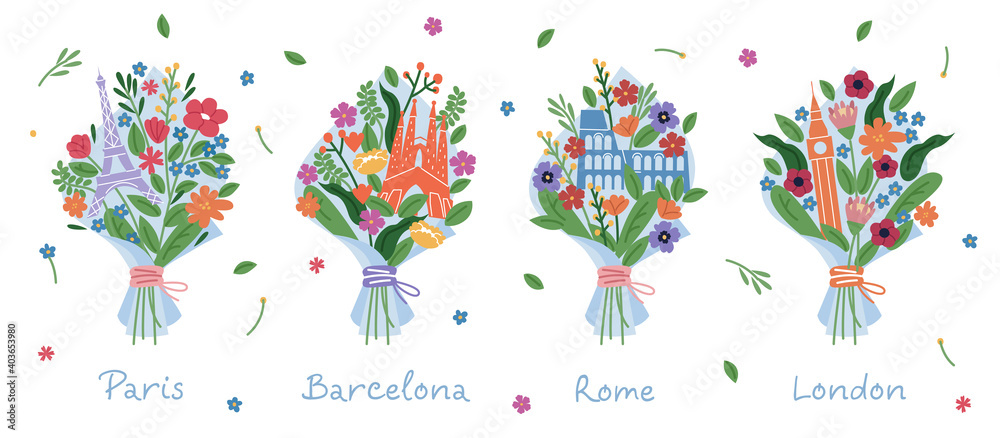 Set of floral bouquets with popular architecture in cities: Paris, Barcelona, Rome, London. Modern illustration.
