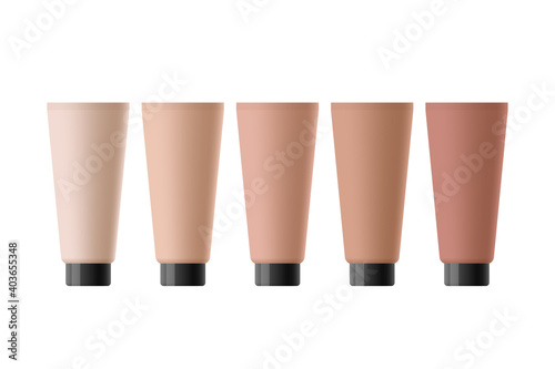 Cosmetic tubes of tonal fluids or foundations for different skin tones