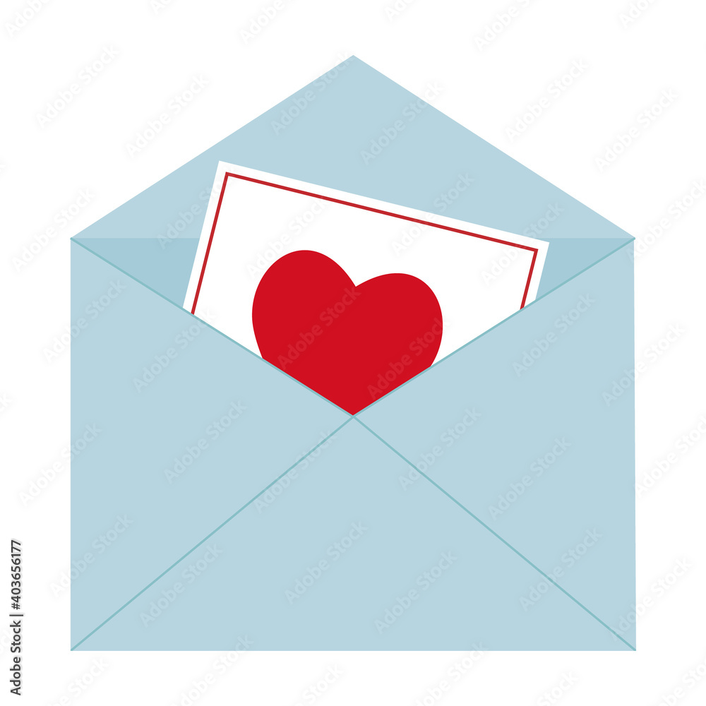 Open Blue Envelope with Romantic Valentine Letter, color vector Illustration for Wedding and Valentine's Day, icon, decor, Design, scrapbooking Open Blue Envelope with Romantic Valentine Letter, color vector Illustration for Wedding and Valentine's Day, icon, decor, Design, scrapbooking