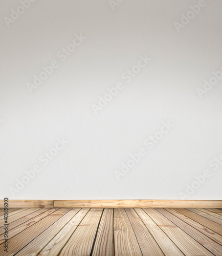 Wooden deck stage for products  things and people. Empty rustic wood floor  platform with blurred white wall background. With copy space. Graphic resource for design and mockup.