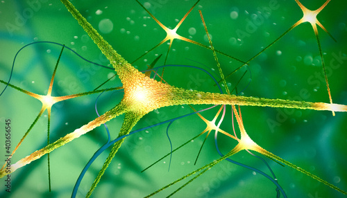Microscopic view of the synapses. Brain connections. Neurons and synapses. Communication and cerebral stimulus. Neural network circuit, degenerative diseases, Parkinson, Alzheimer. 3d render photo