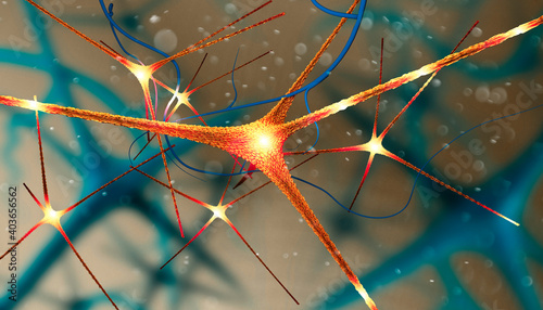 Microscopic view of the synapses. Brain connections. Neurons and synapses. Communication and cerebral stimulus. Neural network circuit, degenerative diseases, Parkinson, Alzheimer. 3d render photo