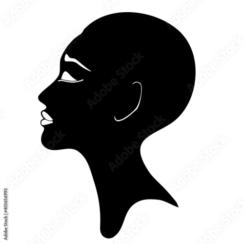 Elegant silhouette of bald or short haired female head and face. White and black style. Vector illiustration