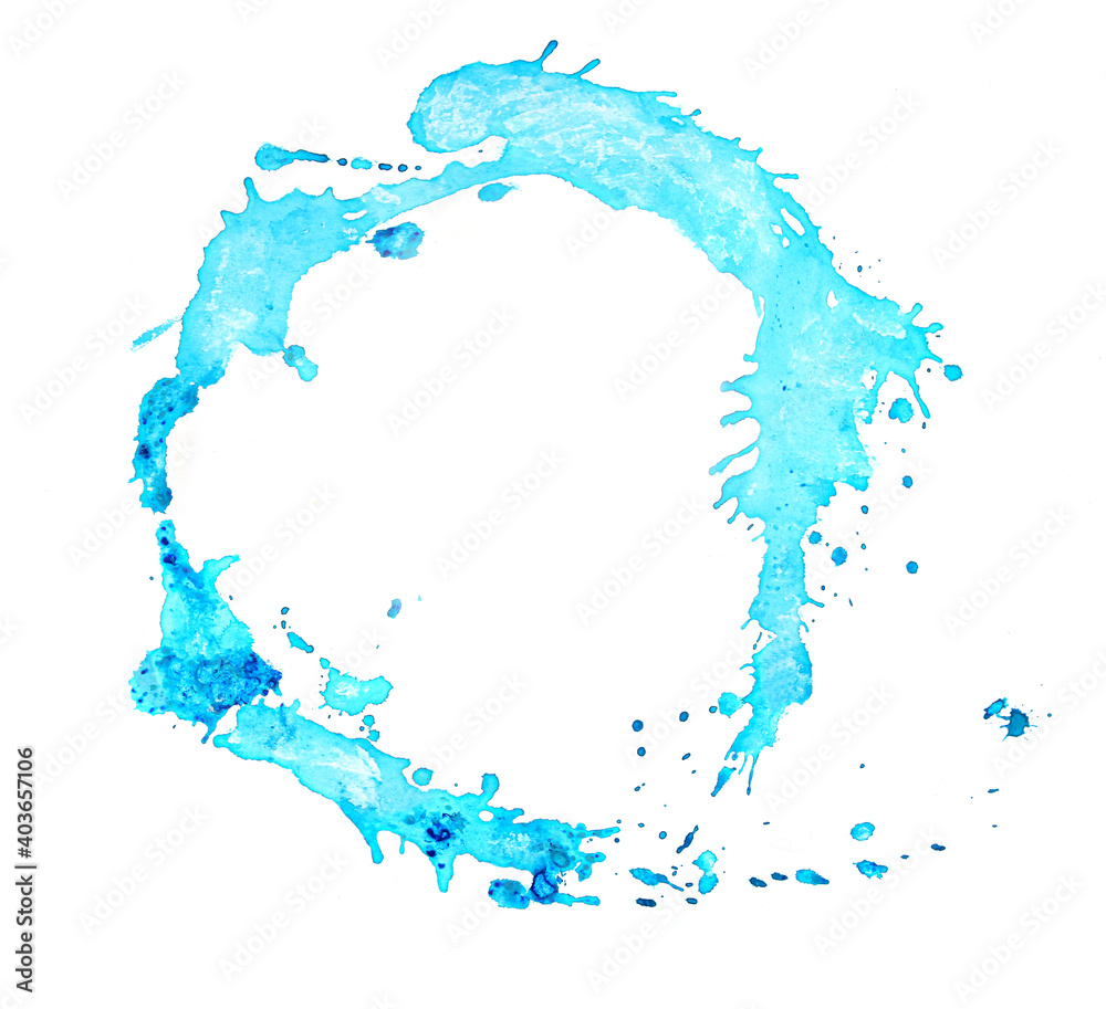 Abstract watercolor splashes and spatters isolated on white background. Blue pouring hand drawn watercolor stain.