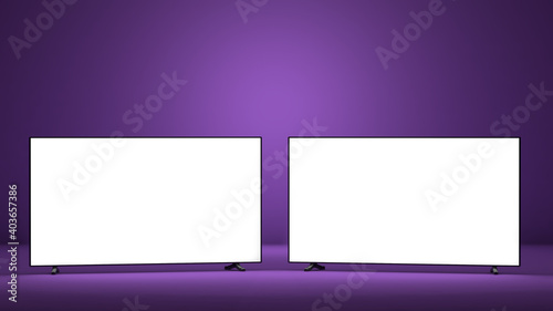Two tvs with white screens on purple background, mockup concept, 3d illustration