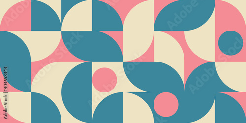 Modern vector abstract geometric background with circles, rectangles and squares in retro scandinavian style. Pastel colored simple shapes graphic pattern.