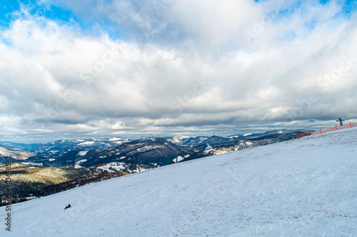 Skiing on mountain Zakhar Berkut, Carpathian mountains in Slavske, Ukraine on January 1, 2020.  © Vitali