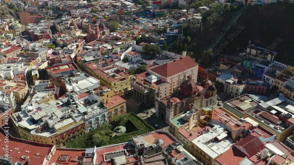 Aerial View of Teatro Juarez, Pan Down. Guanajuato, Mexico. Daytime. Aerial View of Teatro Juarez, Pan Down. Guanajuato, Mexico. Daytime.