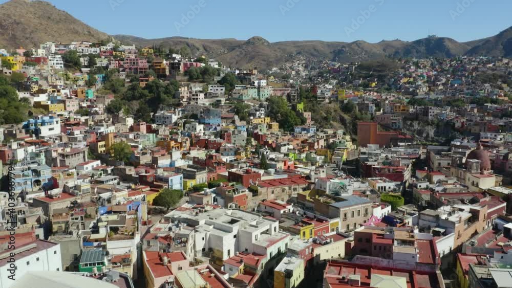 Drone Elevates to Reveal Colorful Latin American City Built into Mountains, Mexico. Drone Elevates to Reveal Colorful Latin American City Built into Mountains, Mexico.