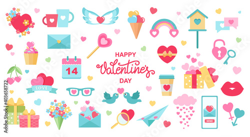 Set element for Valentine's Day. Gift, heart, kiss, key, candy, cupcake, envelope, glasses, calendar and others for decoration. Vector illustration.