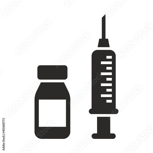 Coronavirus vaccine icon. Mass vaccination against COVID-19. Syringe and bottle of medicine. Vector icon isolated on white background.