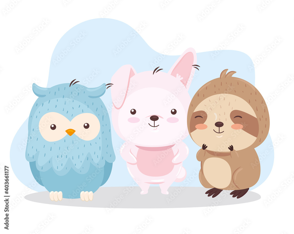 Kawaii bird rabbit and sloth bear animal cartoon design, Cute character and nature theme Vector illustration