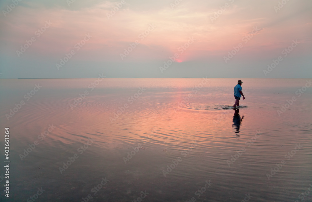 Lake Syvash at sunset,  a man walking in the reflection of the pink sky.