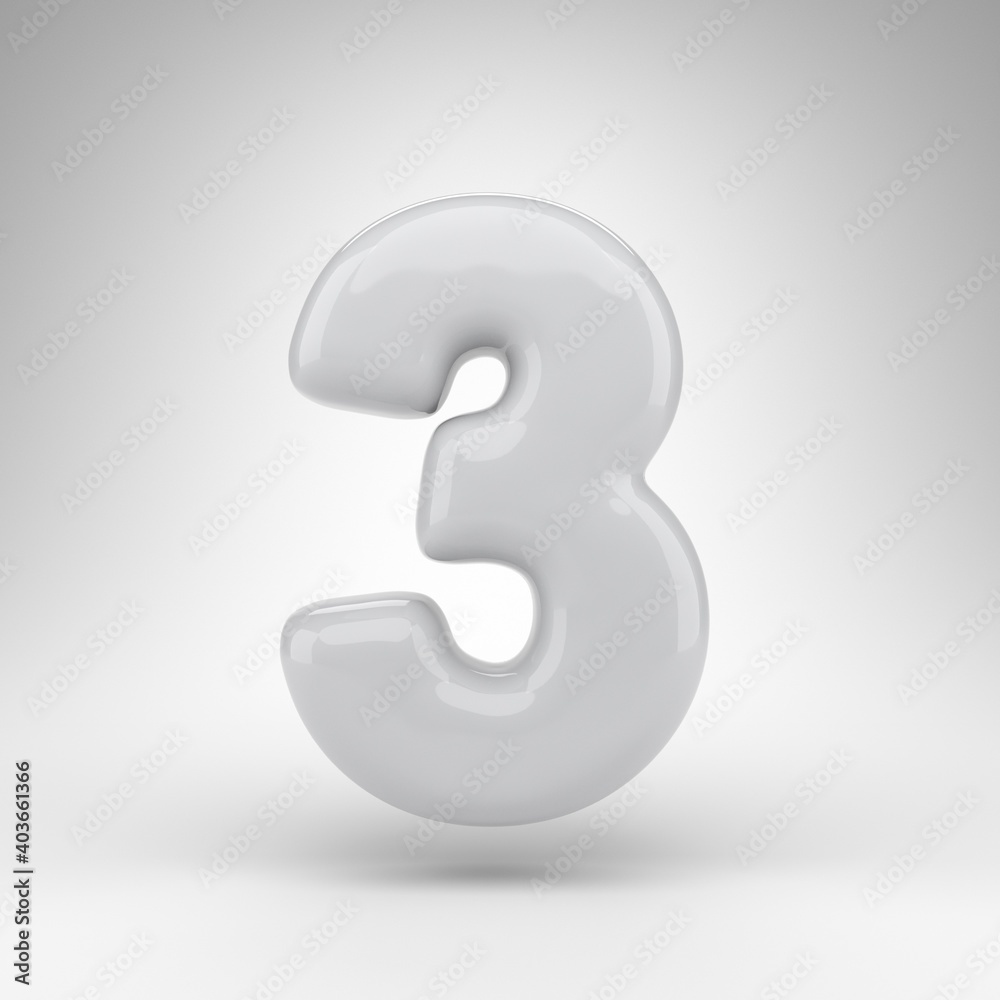 Number 3 on white background. White plastic 3D rendered number with glossy surface. Number 3 on white background. White plastic 3D rendered number with glossy surface.