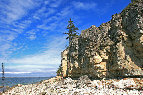 Fototapeta Naklejka Na Ścianę i Meble -  Limestone cliff at Kesselaid (Kessulaid) islet in the Baltic Sea. Layers of cracked rocks by the coastline with a spruce tree on top.
