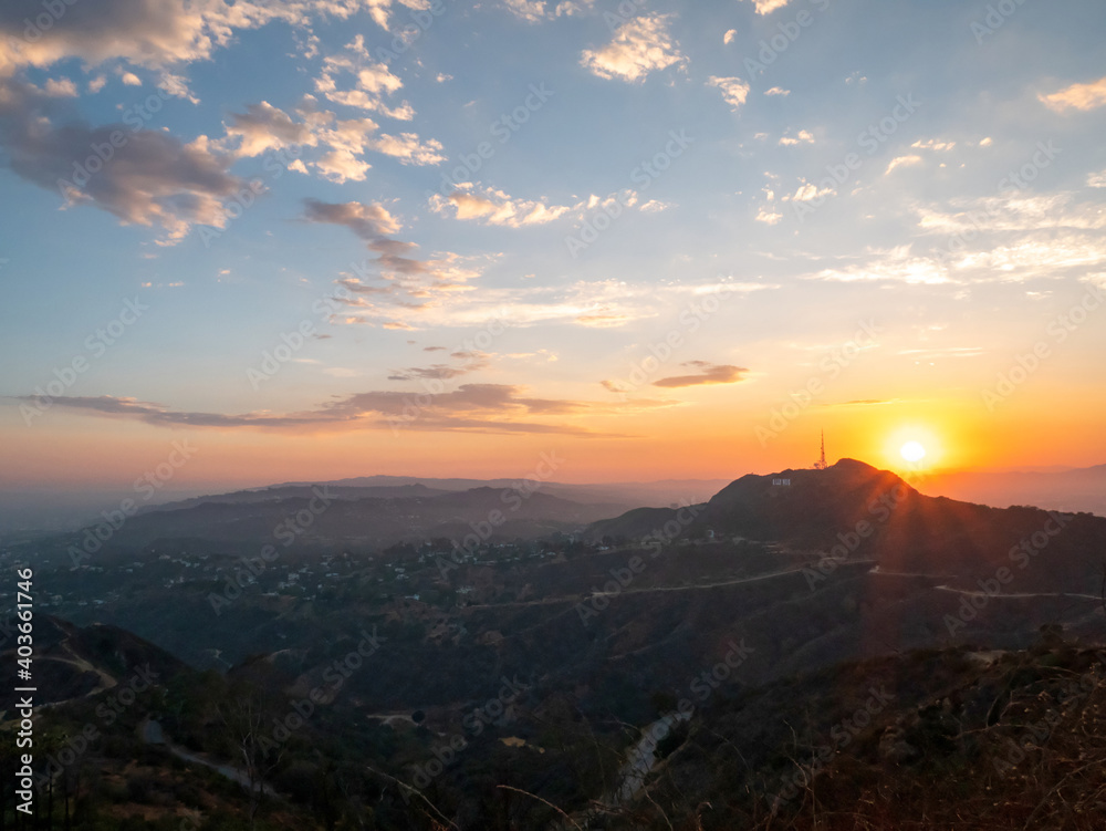 Beautiful view of the hills of Hollywood in the summer at sunset