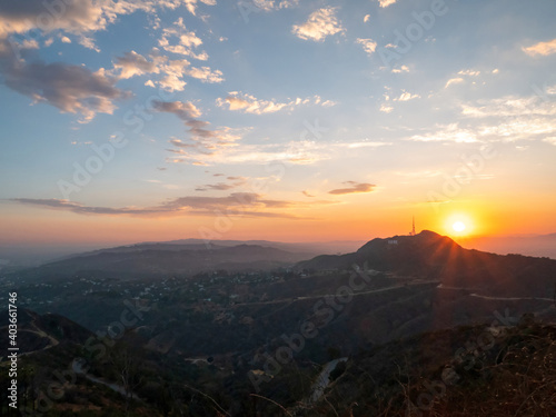 Beautiful view of the hills of Hollywood in the summer at sunset