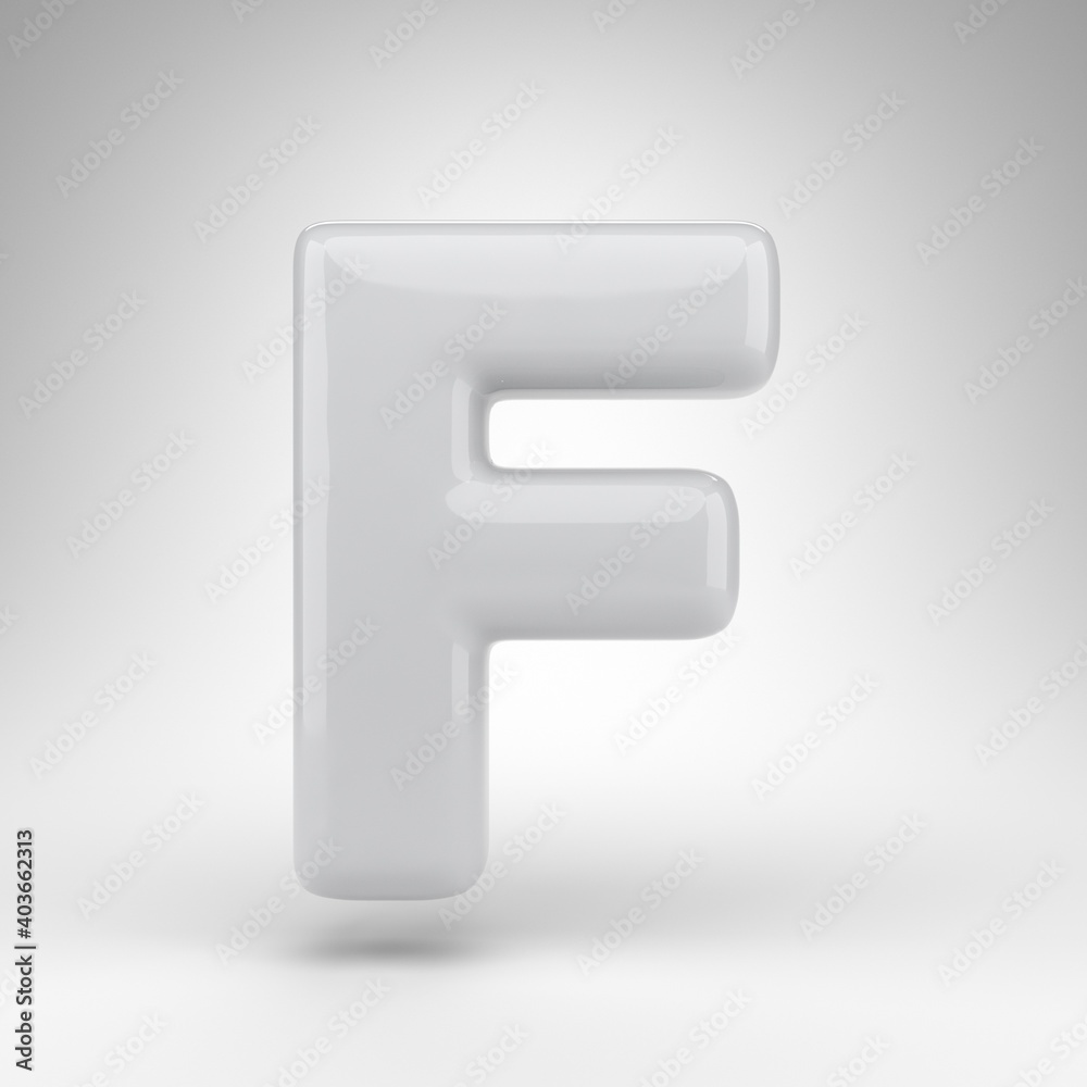 Letter F uppercase on white background. White plastic 3D rendered font with glossy surface. Letter F uppercase on white background. White plastic 3D rendered font with glossy surface.