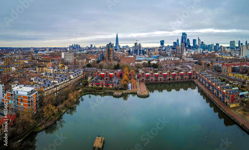 Aerial view of Shadwell Basin and the City of London, the historic centre and the primary central business district photo