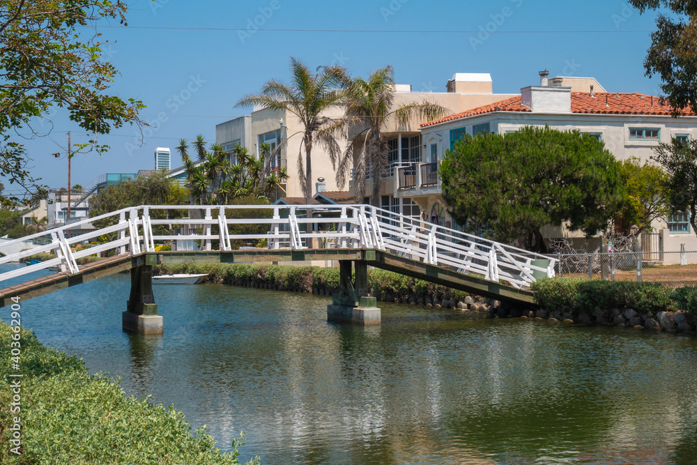 Beautiful view of a bridge across the canals of Venice Beach in California