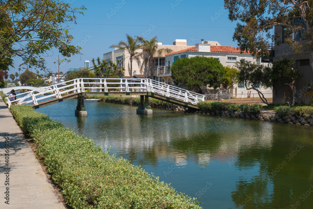 Beautiful view of a bridge across the canals of Venice Beach in California