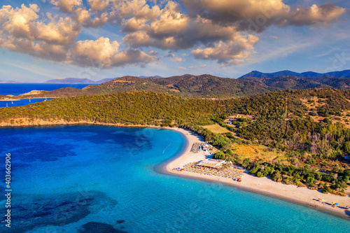 Aerial shot of Tuerredda beach on a beautiful day, Sardinia, Italy. Aerial drone view of Tuerredda in Sardegna. Famous Tuerredda beach on the south of Sardinia near Teulada. Sardinia, Italy.