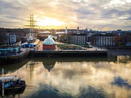 Obraz na plátne Aerial view of Cutty Sark and Greenwich Pier, London