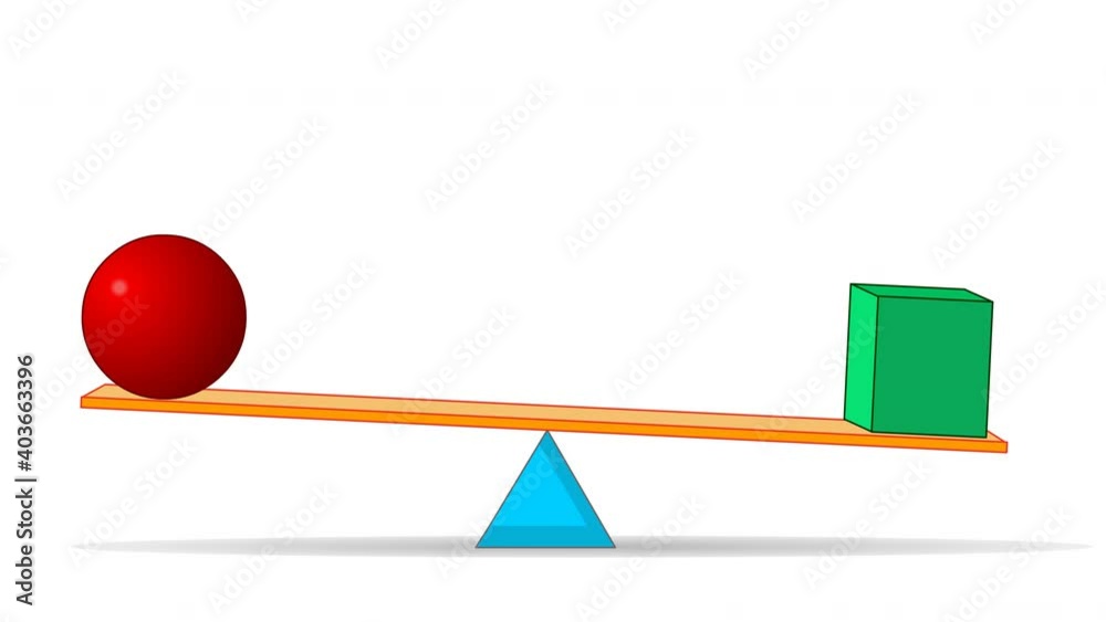 Leverage, scale loop animation. Equal weight. Red sphere, green cube. Equilibrium of two different objects of the same load. Same distance to fulcrum. Lever in balance.  Physics business video