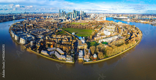 Aerial view of the Canary Wharf, the secondary central business district of London on the Isle of Dogs photo