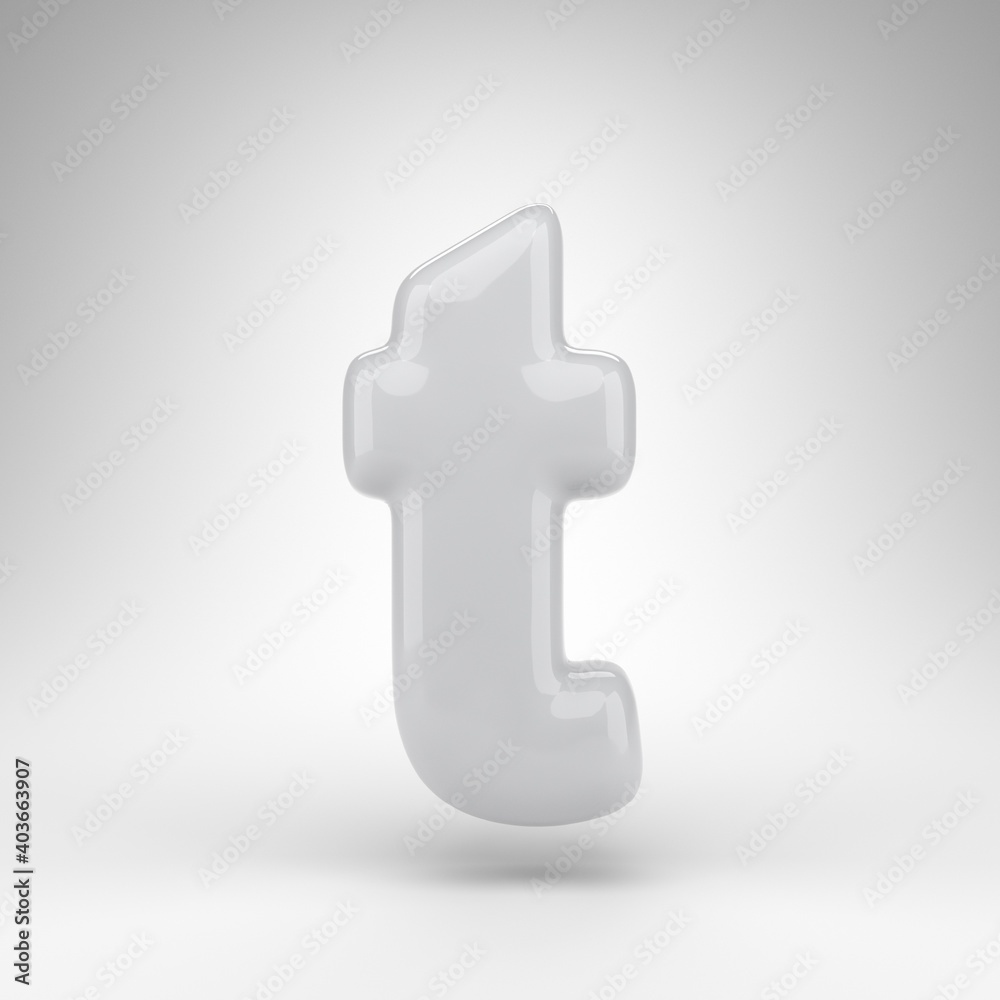 Obraz premium Letter T lowercase on white background. White plastic 3D rendered font with glossy surface.