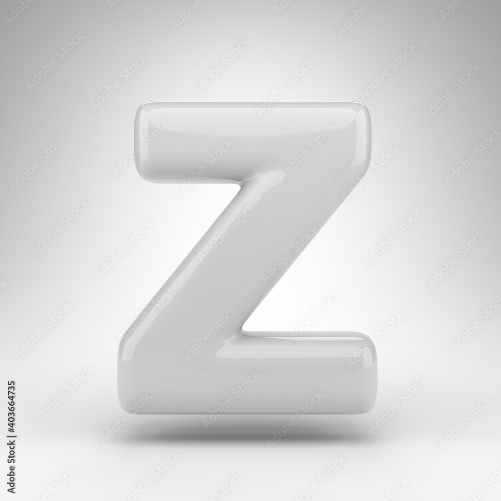 Letter Z uppercase on white background. White plastic 3D rendered font with glossy surface. Letter Z uppercase on white background. White plastic 3D rendered font with glossy surface.
