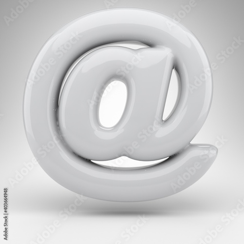 AT symbol on white background. White plastic 3D rendered sign with glossy surface.