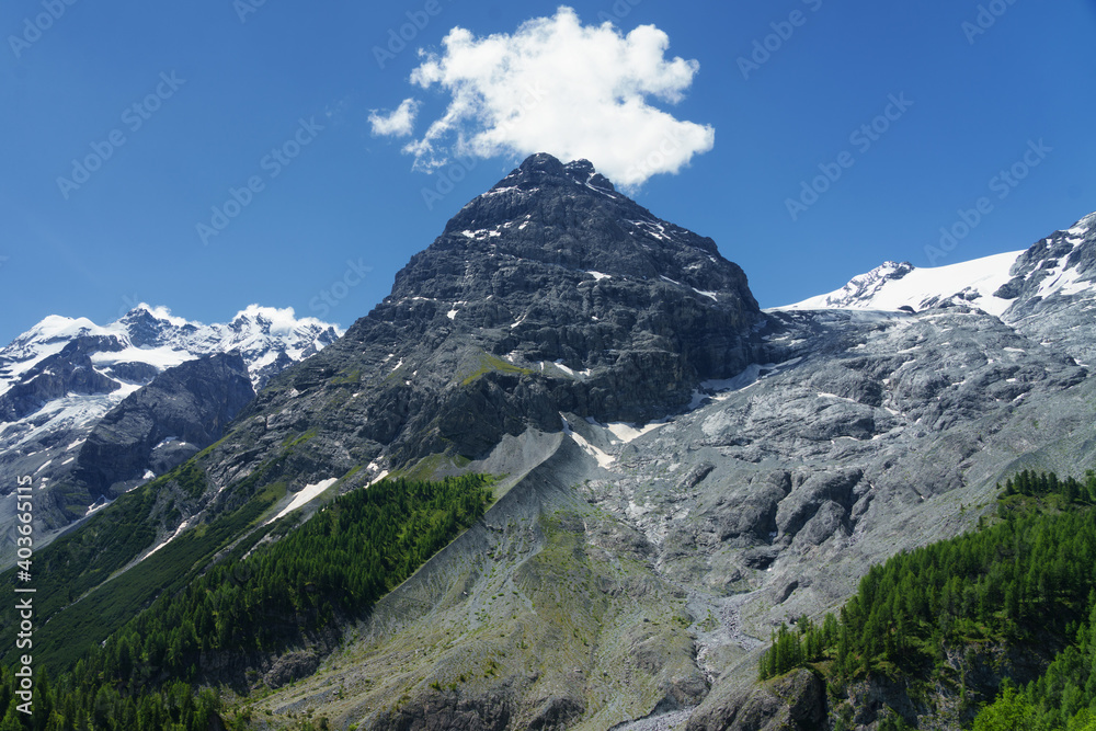 Mountain landscape along the road to Stelvio pass at summer. Glacier