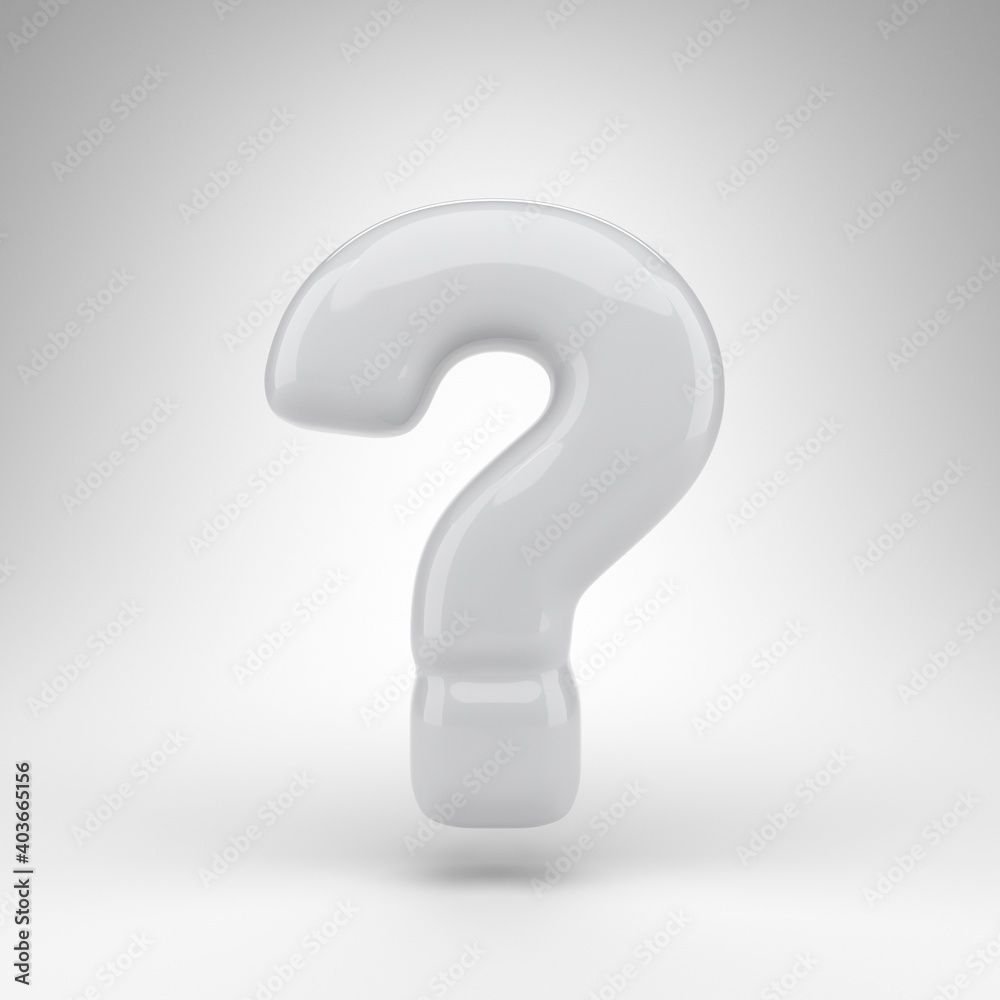 Question symbol on white background. White plastic 3D rendered sign with glossy surface. Question symbol on white background. White plastic 3D rendered sign with glossy surface.