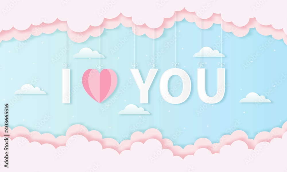 paper cut happy valentine's day concept. landscape with text I LOVE YOU and heart shape on blue sky background paper art style. vector illustration. 