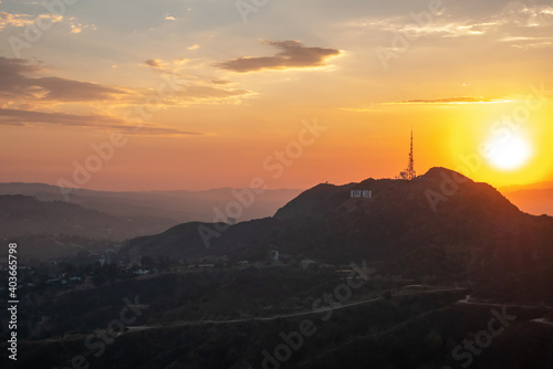 Beautiful view of the hills of Hollywood in the summer at sunset