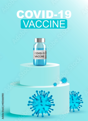 Vaccination bottle. Doctor hand in medical glove hold test tube or bottle for protection flu virus and coronavirus. Covid vaccine isolated on blue. Close up vial dose flu shot drug needle syringe.