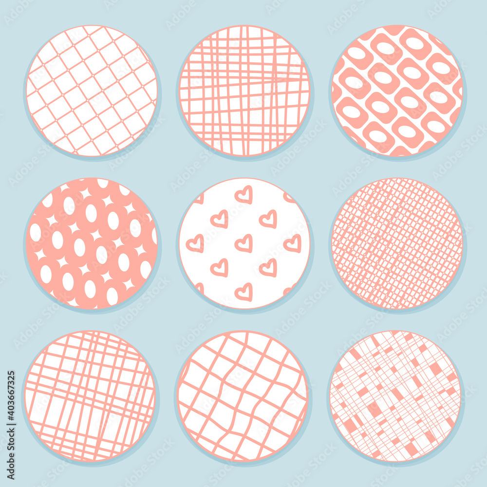 Nine pink white round patterned tapes for scrapbooking, Valentines day theme. Lines, squares, hearts, shaped patterns