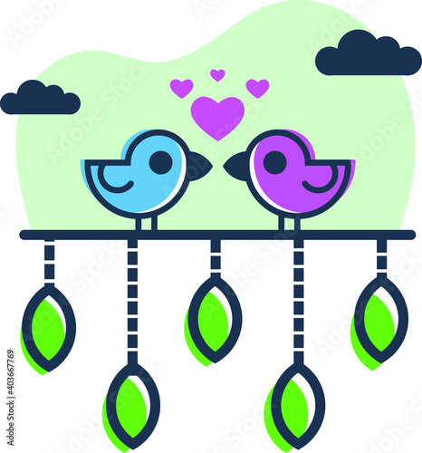 Two birds are sitting on a tree branch. Cute cartoon character. Happy Valentine's Day. Flat design style. White background. Vector
