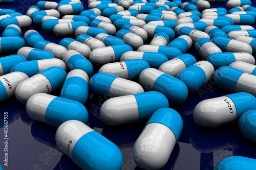 Medicine pills of sport in blue color three dimensional illustration