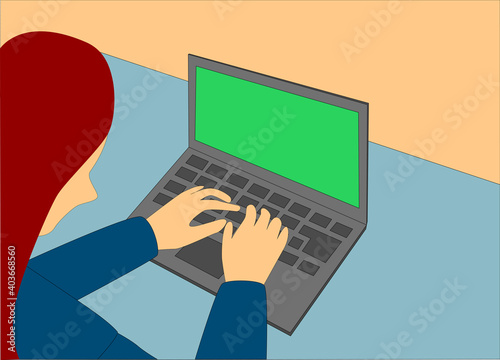 Cartoon girl working at the laptop at home. Education, online life, chating, searching information, internet serfing. Back view of young woman using laptop with green screen, chromakey