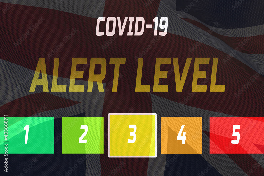 New Tier system in the United Kingdom. Warning public about coronavirus infection level in the area. Local covid alert level 3 banner or poster design.