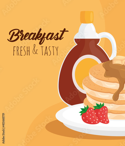 Breakfast pancakes with syrup bottle design, food fresh tasty and meal theme Vector illustration