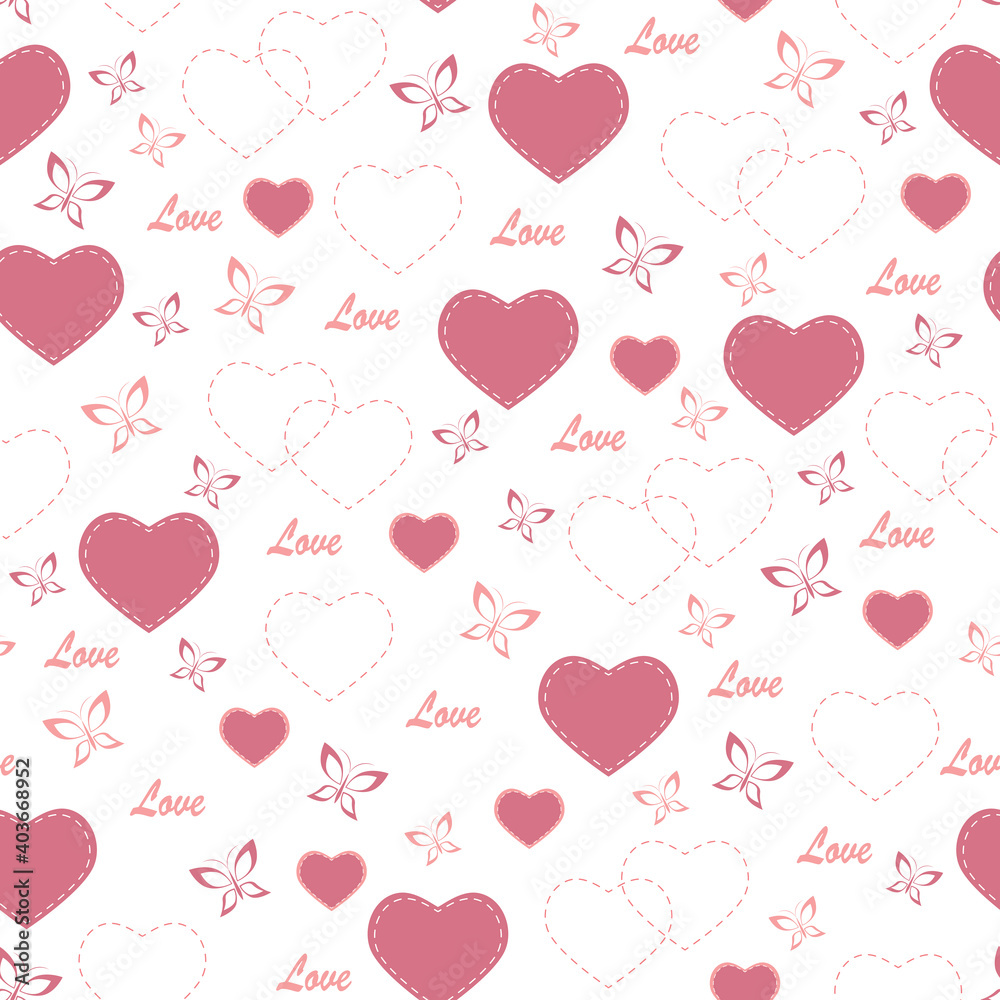 Seamless pattern with hearts and butterflies.