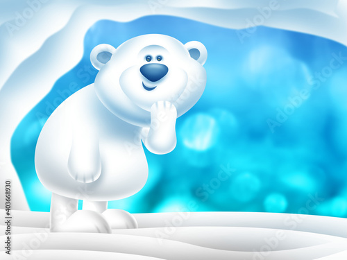 Happy polar bear standing in snow near a cave in the freezing North Pole with icy blue background illustration.