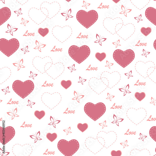Seamless pattern with hearts and butterflies.